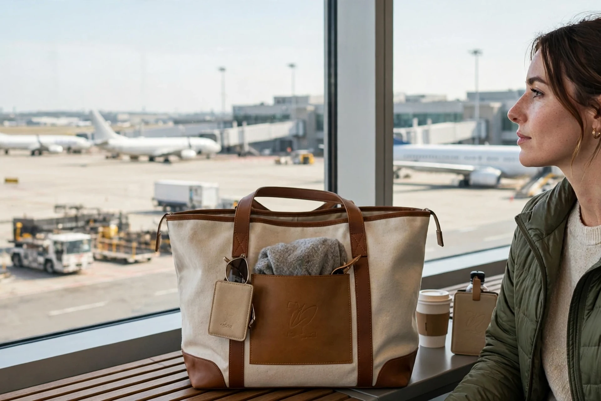 Woman traveler at an airport with a large travel tote bag