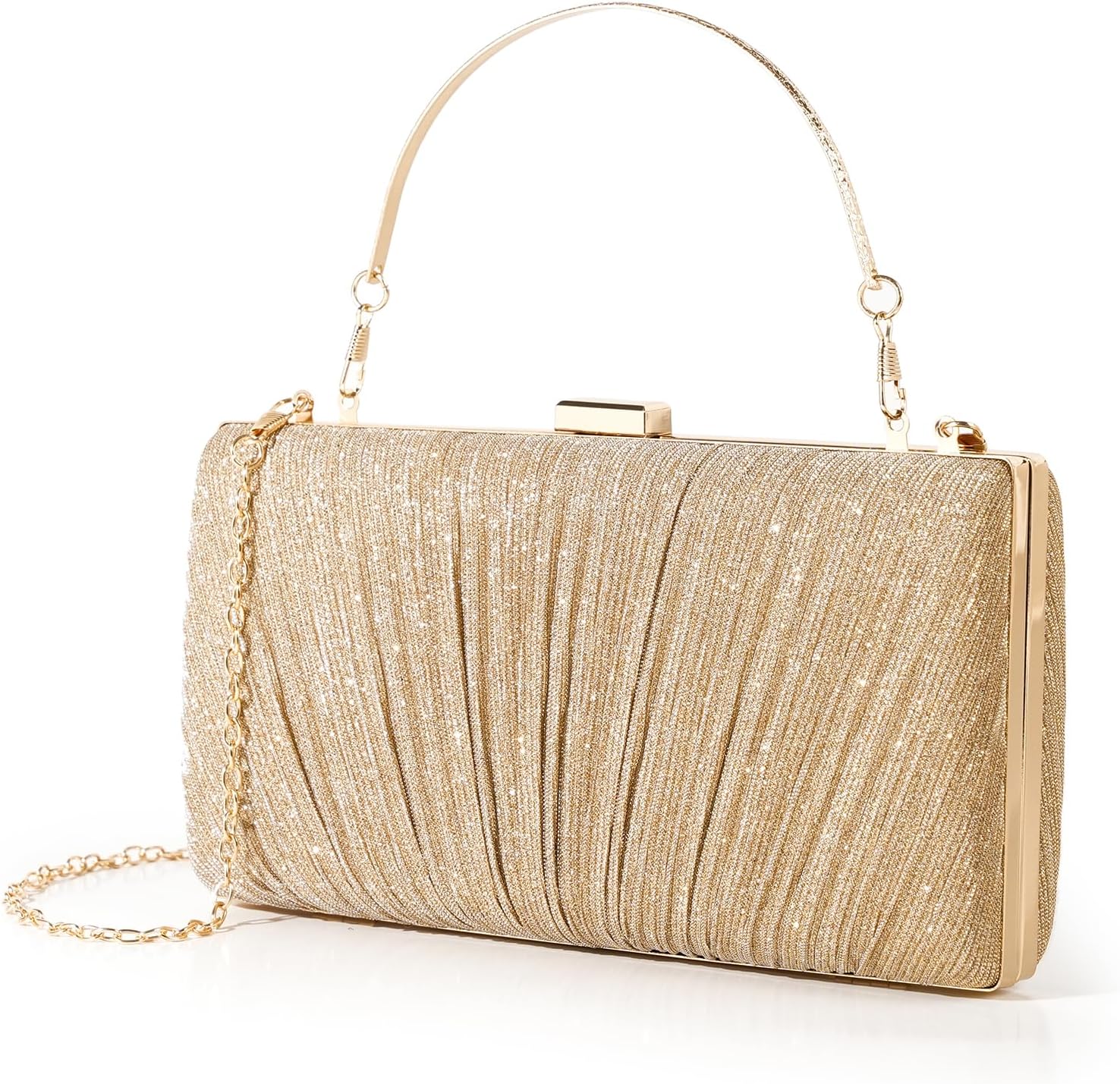 Kseymeir Clutch Purses for Women Pleated Evening Handbag with Chain Prom, Cocktail, and Wedding, Gold front view