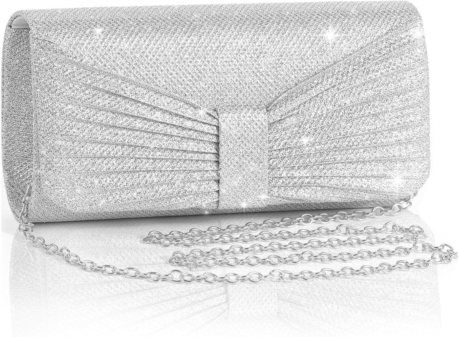 Womens Evening Clutch Bag, Metallic Silver Envelope Purse with Detachable Chain Strap, PU Shoulder Crossbody Bag, Silver front view