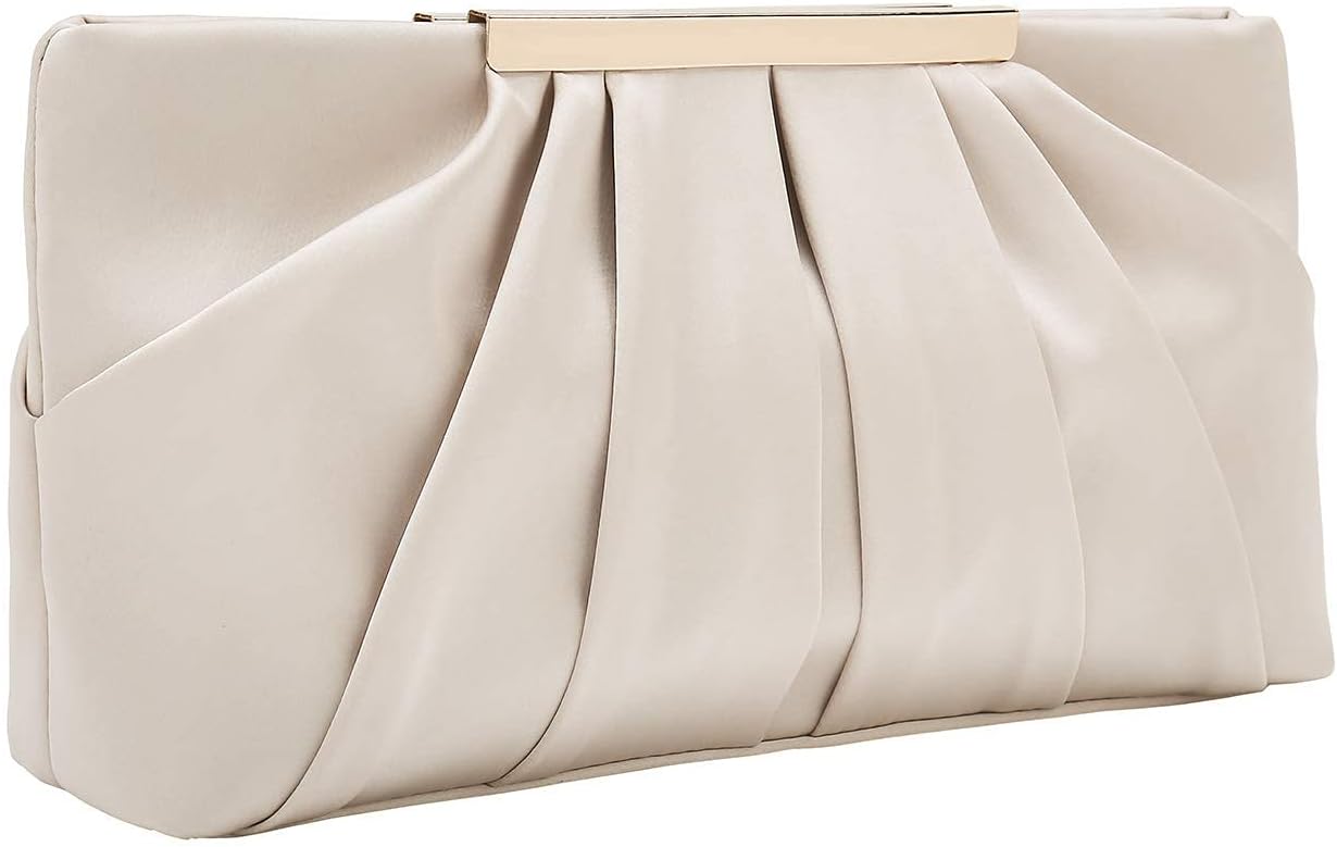 CHARMING TAILOR Clutch Evening Bag Elegant Pleated Satin Clutch Formal Party Handbag Classy Purse for Women (Champagne) front view