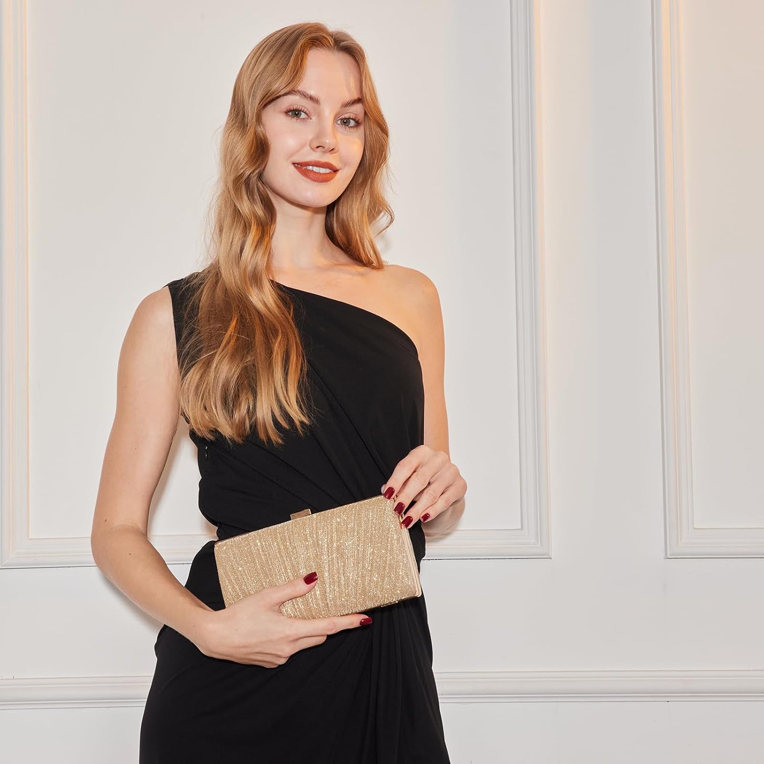 Kseymeir Clutch Purses for Women Pleated Evening Handbag with Chain Prom, Cocktail, and Wedding, Gold side view