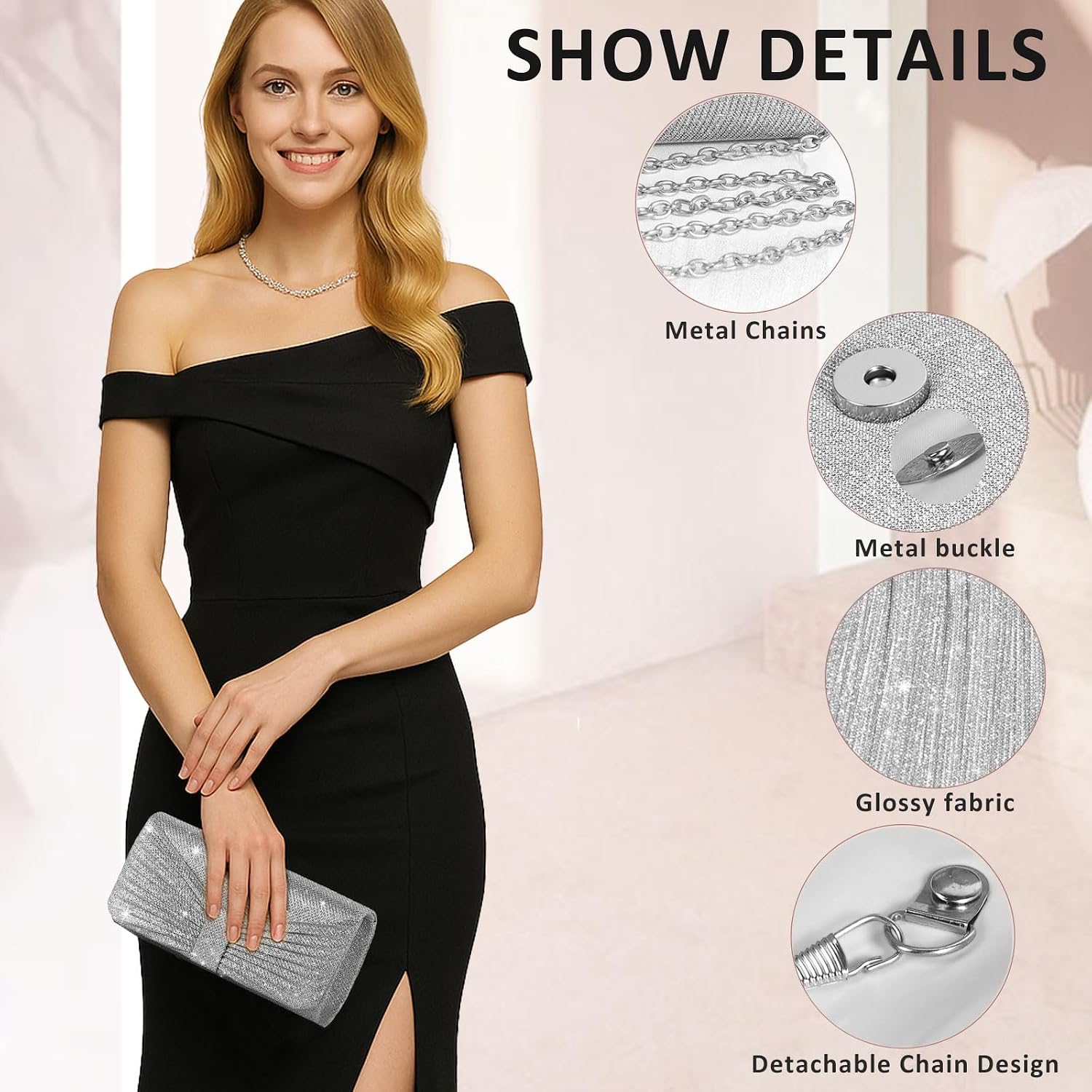 Womens Evening Clutch Bag, Metallic Silver Envelope Purse with Detachable Chain Strap, PU Shoulder Crossbody Bag, Silver side view