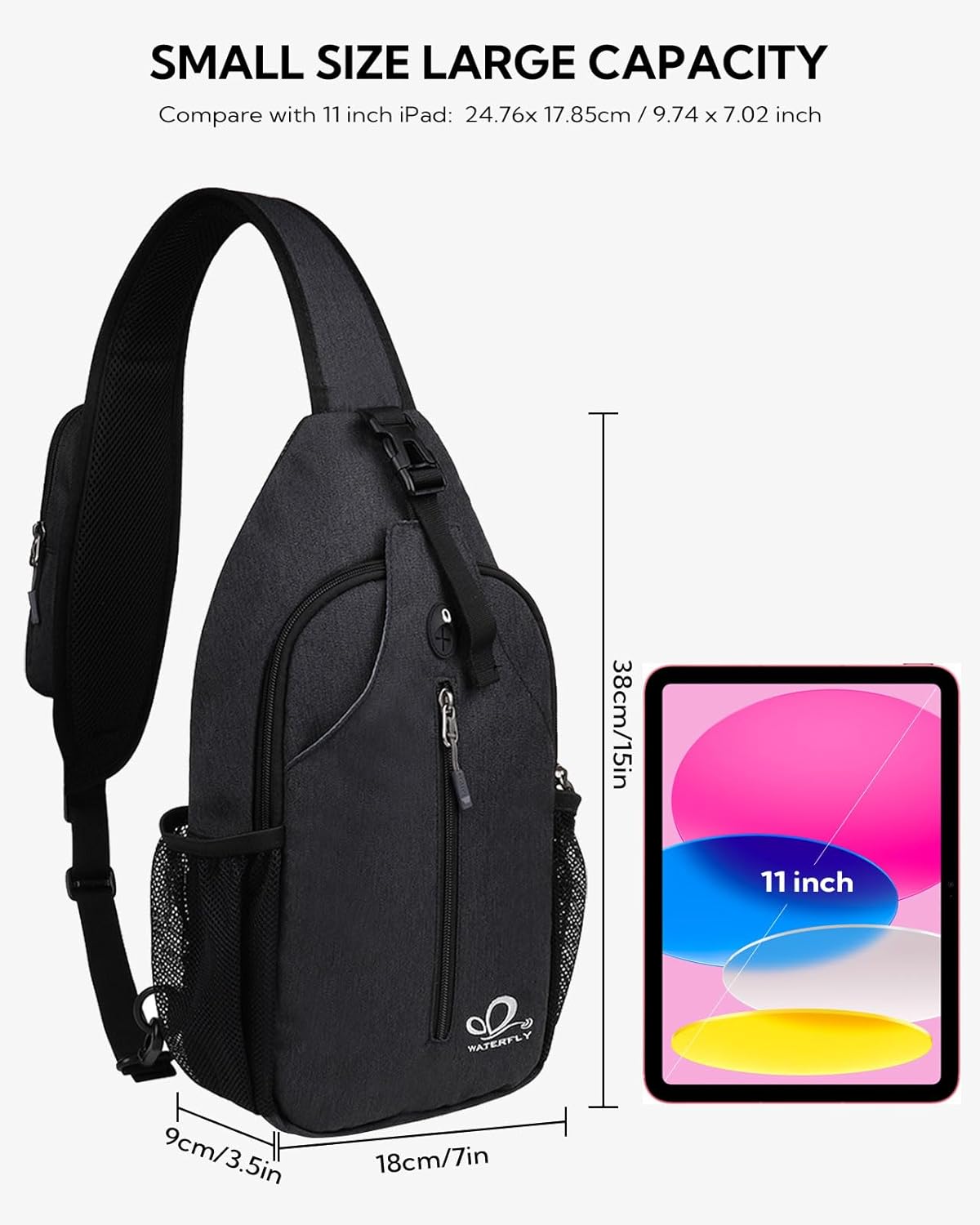 WATERFLY Crossbody Sling Backpack Sling Bag Travel Hiking Chest Bag Daypack side view