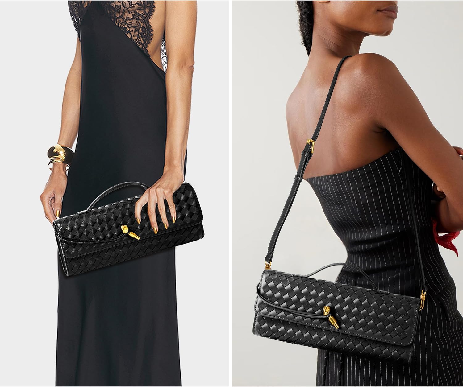 Joryin Woven Purse for Women Evening Clutch Woven Leather Handbags Crossbody Bag Formal Evening Bag, Black side view