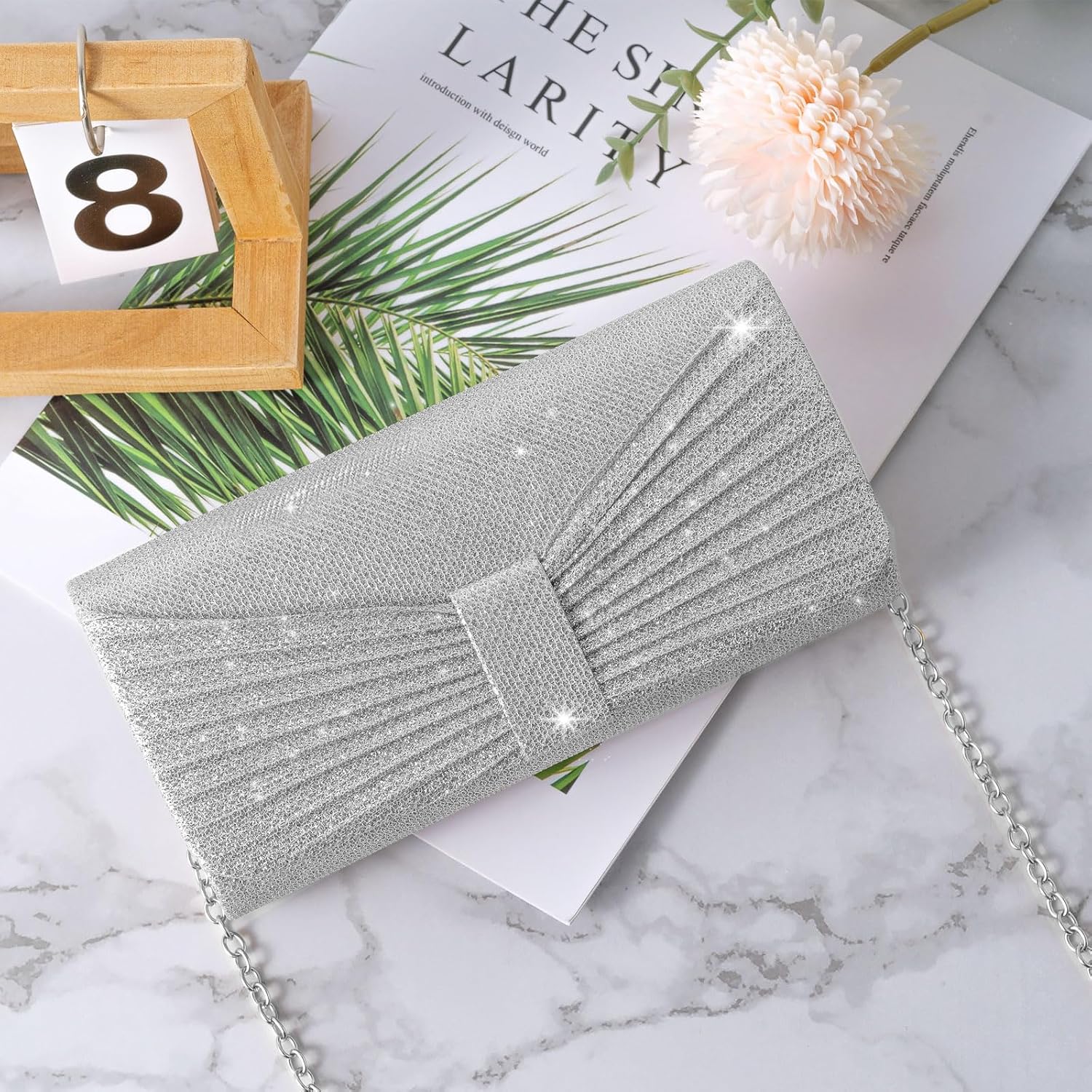 Womens Evening Clutch Bag, Metallic Silver Envelope Purse with Detachable Chain Strap, PU Shoulder Crossbody Bag, Silver - Image 3