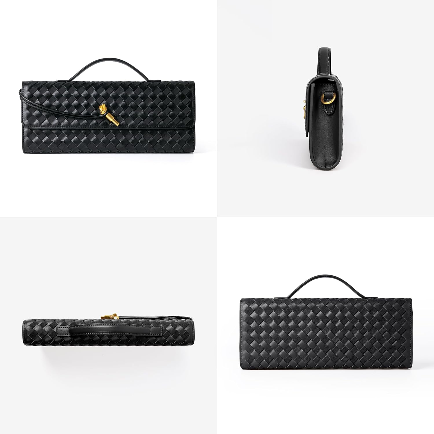 Joryin Woven Purse for Women Evening Clutch Woven Leather Handbags Crossbody Bag Formal Evening Bag, Black - Image 3