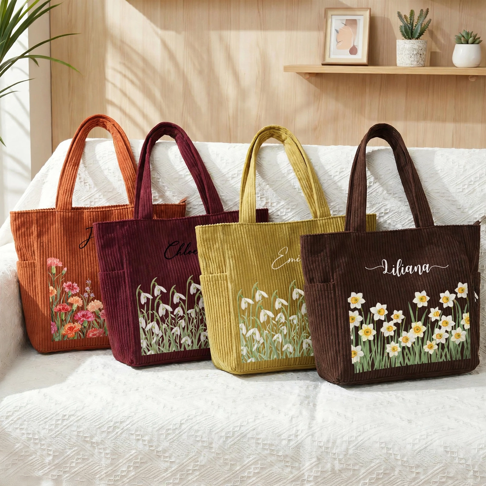 Personalized Birth Flower Corduroy Tote Bag for Women – Floral Pink