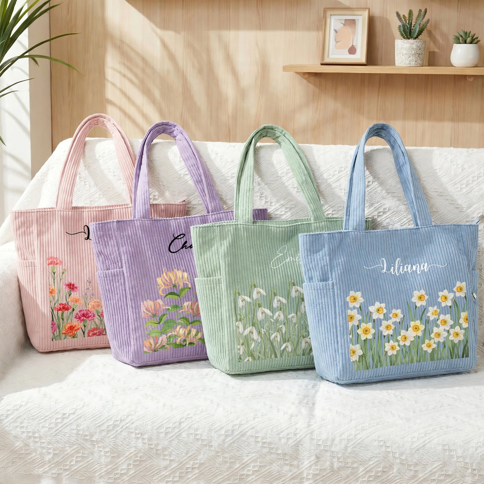 Personalized Birth Flower Corduroy Tote Bag for Women – Floral Blue