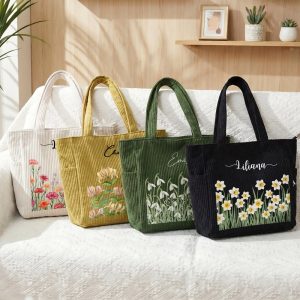 Personalized Birth Flower Corduroy Tote Bag for Women Custom Birthday Gift