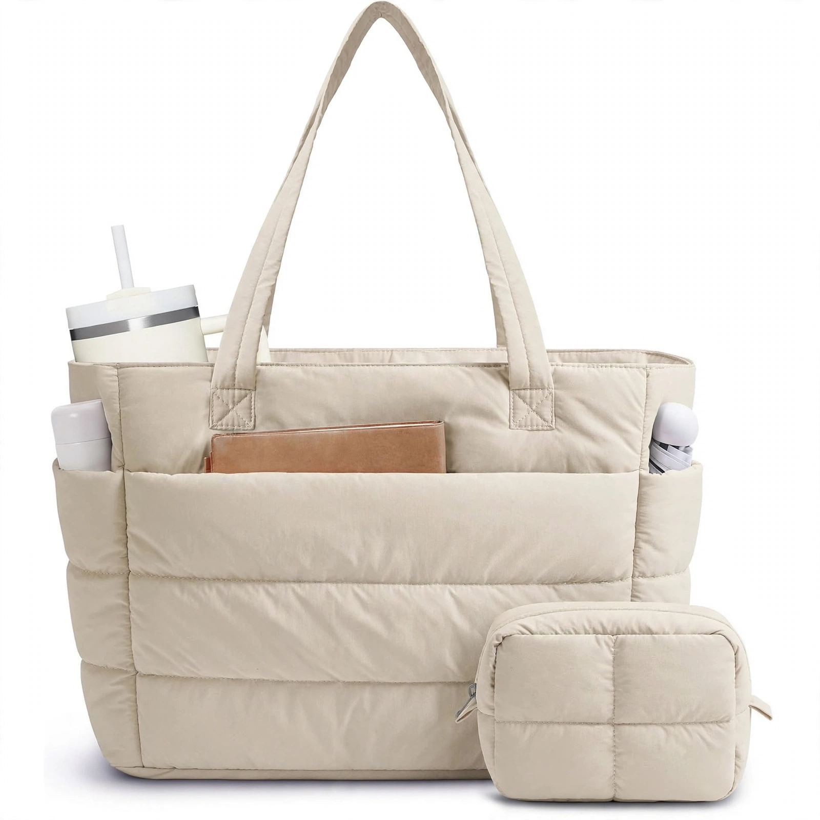 Narwey Nylon Puffer Tote Bag for Women – Beige